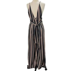 Hommage from Los Angeles Surplice Bust Side Slit Jumpsuit SZ L Navy Tan Stripe